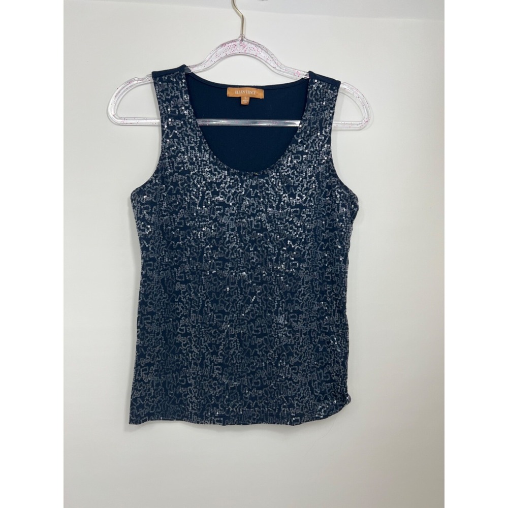 Ellen Tracy Navy Blue Sleeveless Tank‎ Top with Sequins Womens Size Small